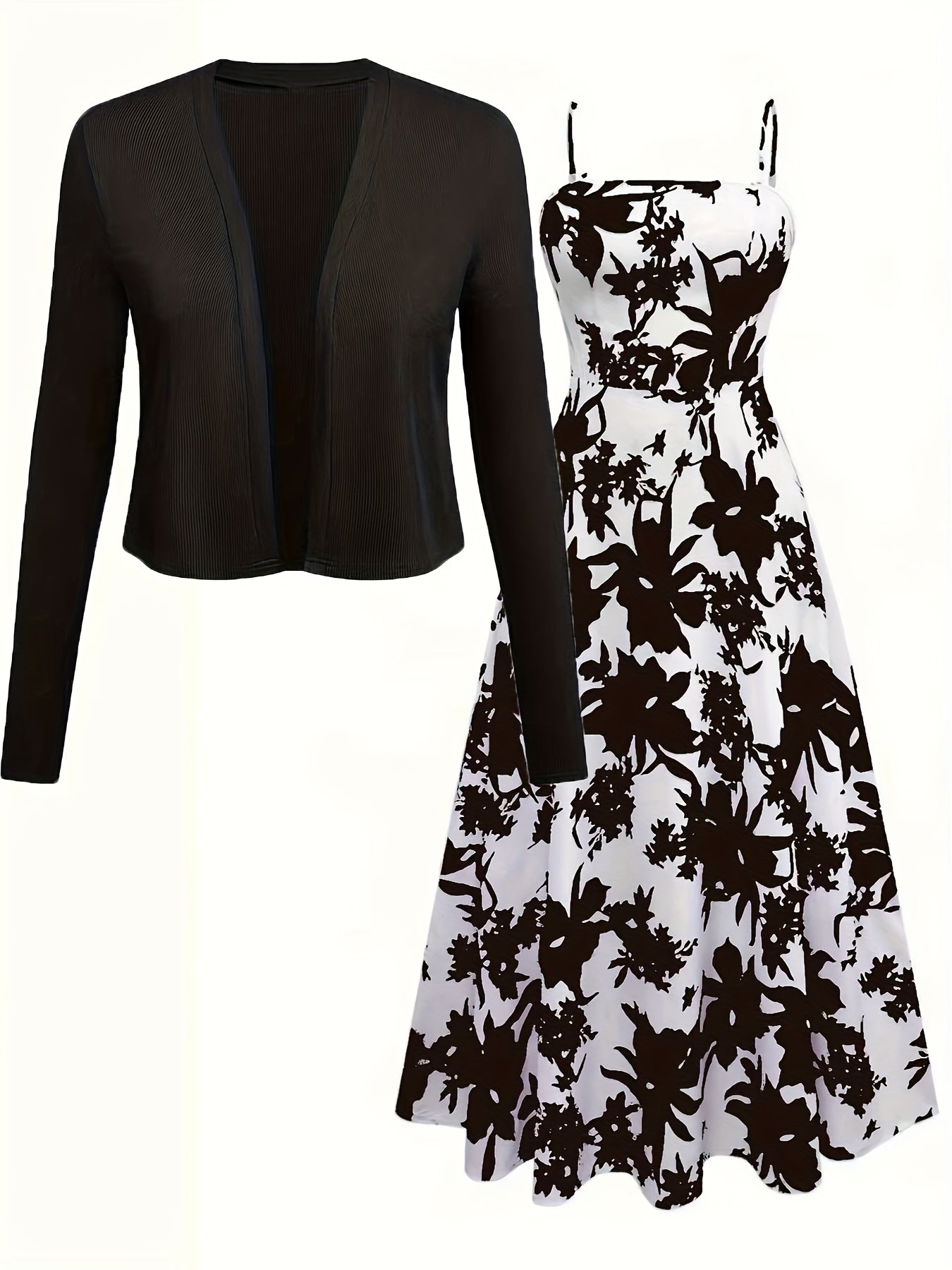 Elegantes Damen Kleid mit Blumenmuster und passendem Cardigan Set