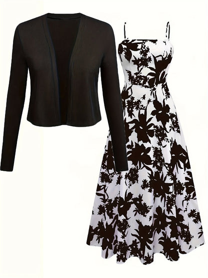Elegantes Damen Kleid mit Blumenmuster und passendem Cardigan Set
