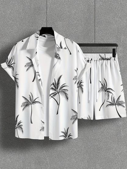 Herren Set Kurzarm Hemd und Shorts mit Palmenmuster – Lässiges Urlaubsoutfit
