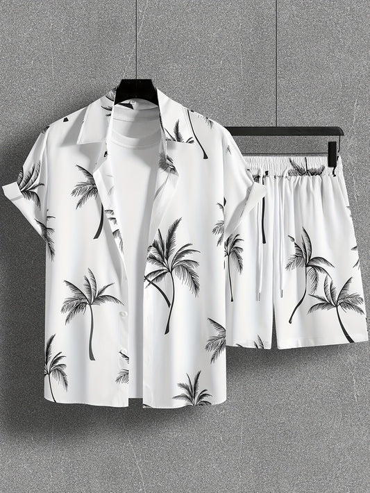 Herren Set Kurzarm Hemd und Shorts mit Palmenmuster – Lässiges Urlaubsoutfit