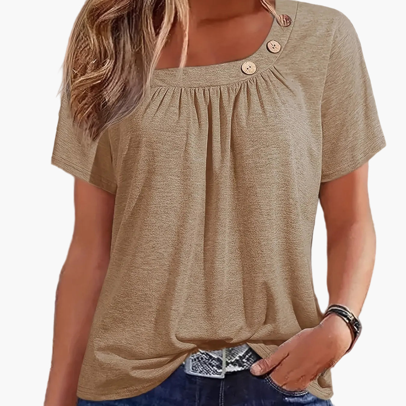 Damen Shirt mit asymmetrischem Ausschnitt und Knopfdetails – Modisches Freizeitoberteil, elegant und vielseitig