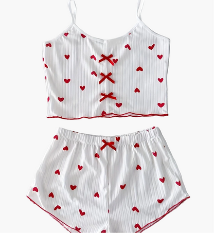 Damen Pyjama Set mit Herzchen-Muster und Schleifen – Zweiteiliger Schlafanzug, bequem & süß, ideal für Sommer