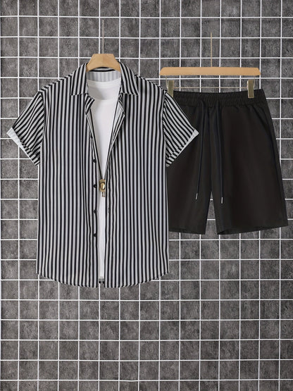 Herren Freizeit Set – Gestreiftes Hemd mit Shorts, Moderner Sommer-Look