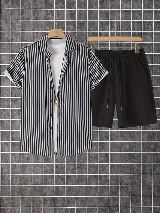 Herren Freizeit Set – Gestreiftes Hemd mit Shorts, Moderner Sommer-Look