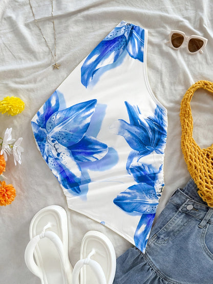 Damen Ein-Schulter Body mit Blumenmuster – Eleganter Sommer-Style für Alltag & Urlaub