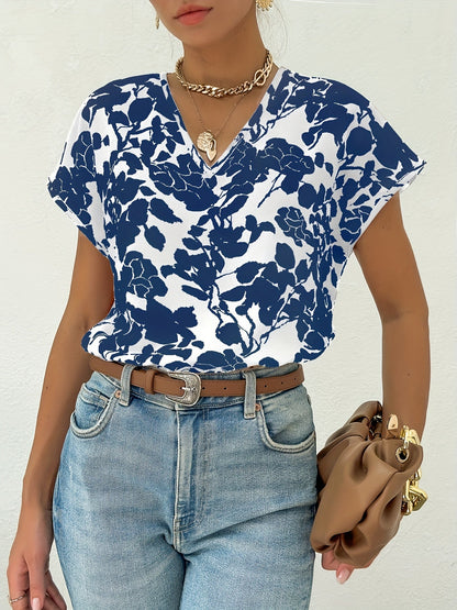 Damen Elegant Blusenshirt mit Blumenmuster und V-Ausschnitt – Perfekt für Büro & Freizeit