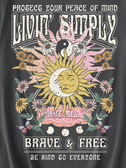 Damen T-Shirt im Boho-Stil mit Sonnendruck und inspirierendem Spruch – Ideal für Freizeit, Festivals & Alltag