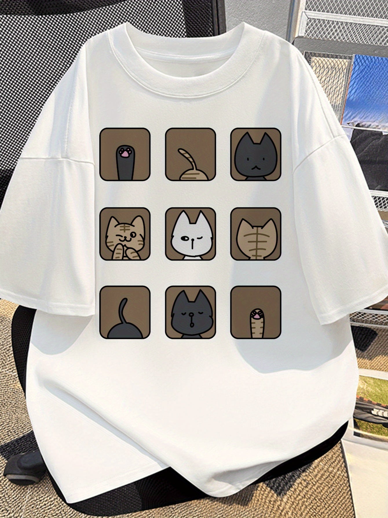 Damen & Herren T-Shirt mit lustigem Katzen-Motiv – Lockeres Freizeitshirt mit Cartoon Design