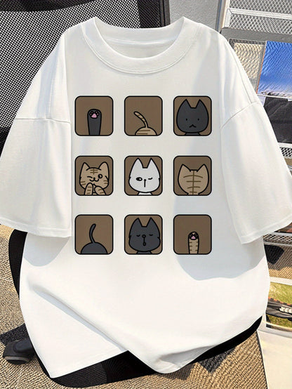 Damen & Herren T-Shirt mit lustigem Katzen-Motiv – Lockeres Freizeitshirt mit Cartoon Design