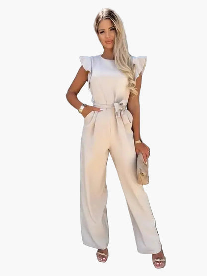 Damen Jumpsuit Elegant – Weite Passform mit Volantärmeln und Taillengürtel, ideal für Büro & Ausgehen