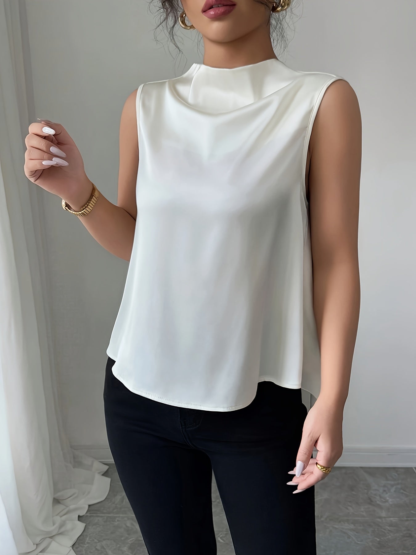 Damen Elegante Ärmellose Bluse mit Stehkragen und fließendem Schnitt – Perfekt für Büro und Abend