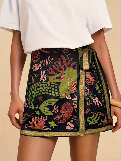 Damen Wickelrock mit Meeres-Print und modernem, künstlerischem Design – Ideal für Freizeit und Urlaub