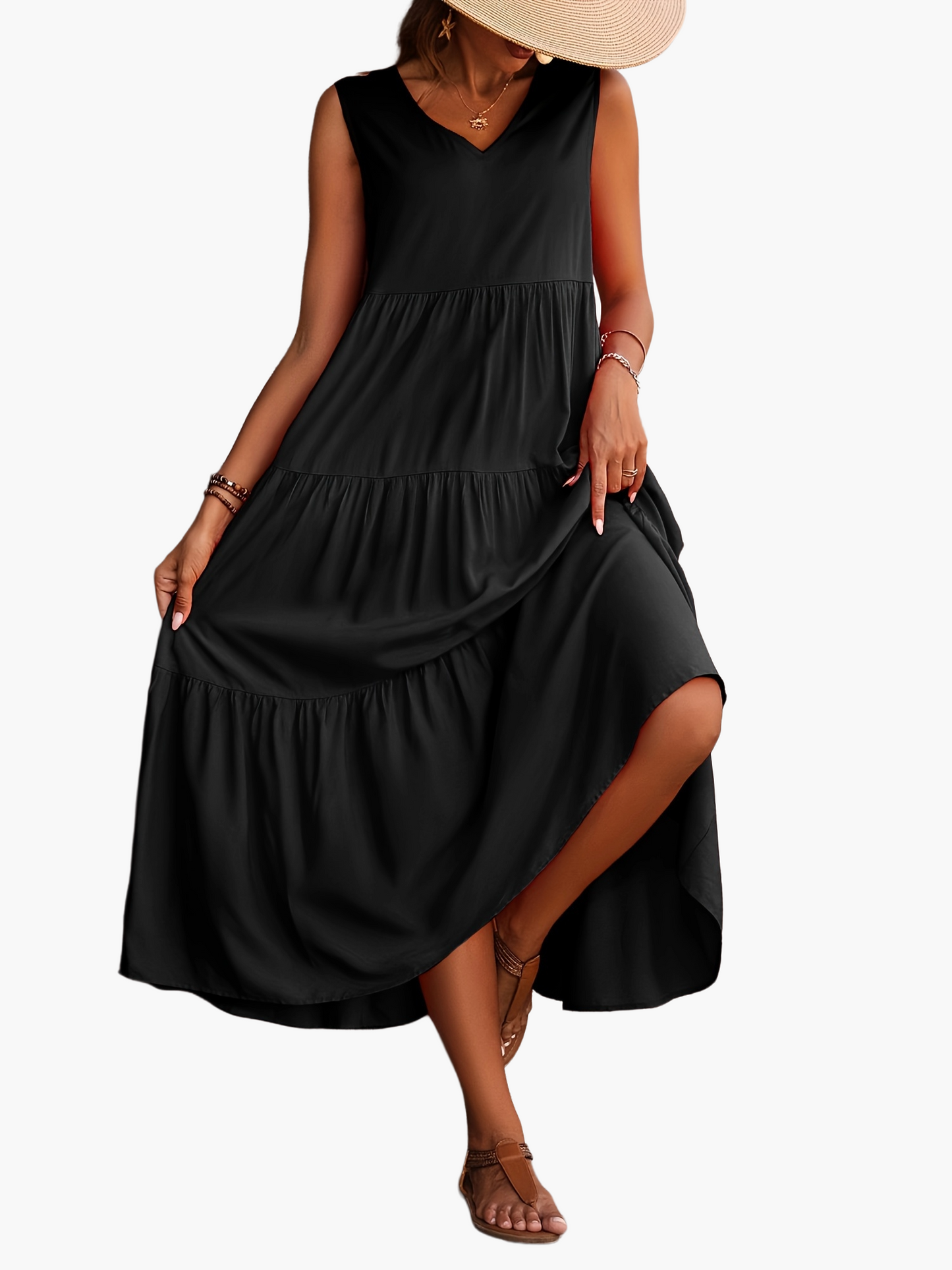 Damen Maxikleid Sommer Boho Elegant Ärmellos Freizeit V-Ausschnitt