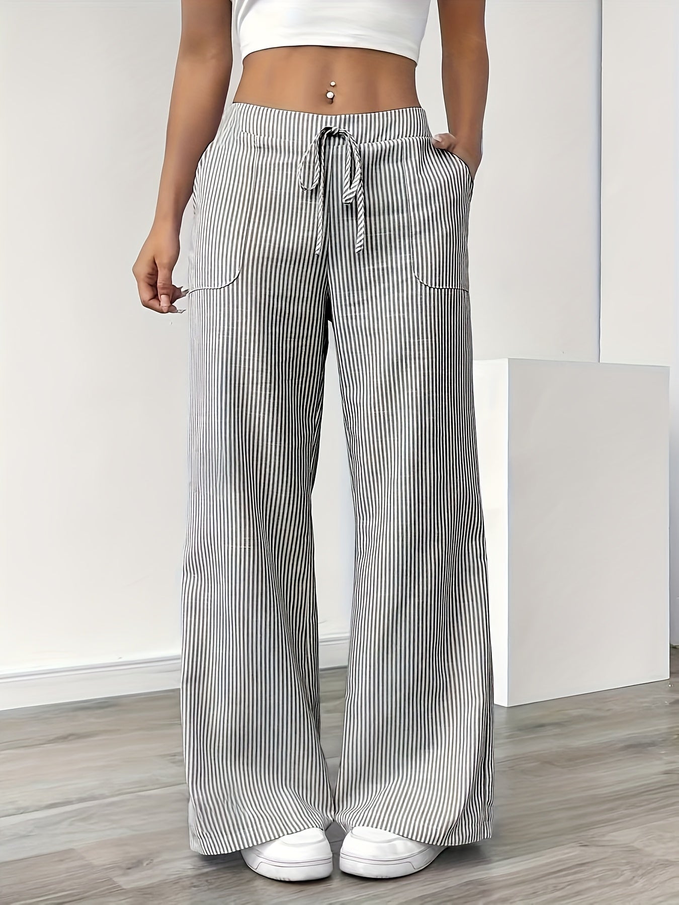 Damen Weite Casual Streifenhose mit Kordelzug – Bequeme Freizeithose für Alltag und Wochenende