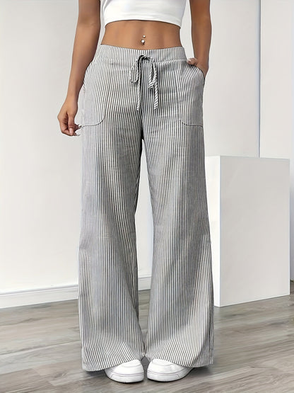Damen Weite Casual Streifenhose mit Kordelzug – Bequeme Freizeithose für Alltag und Wochenende