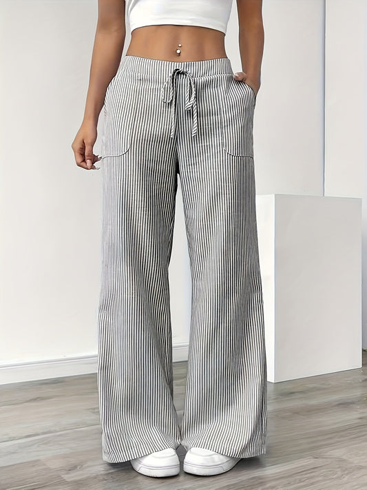 Damen Weite Casual Streifenhose mit Kordelzug – Bequeme Freizeithose für Alltag und Wochenende