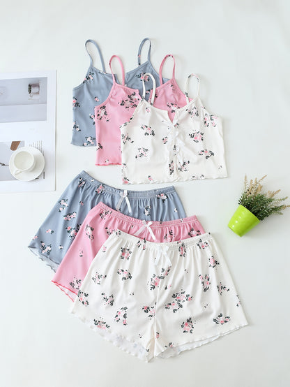 Damen Pyjama Set mit Blumenmuster – 3-teiliges Sommer Schlafanzug Set mit Träger-Top und Shorts, Ideal für Zuhause und als Nachtwäsche