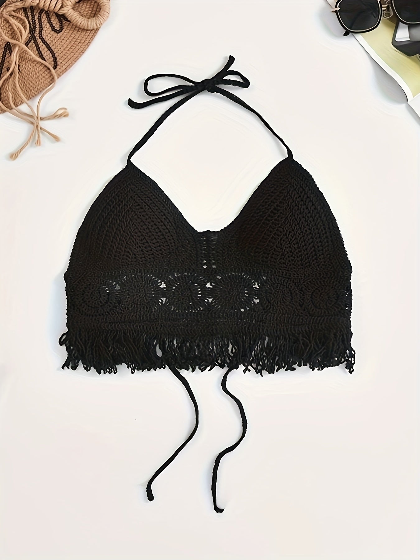 Damen Boho Häkel-Bralette Top mit Neckholder und Fransen – Festival & Strandmode