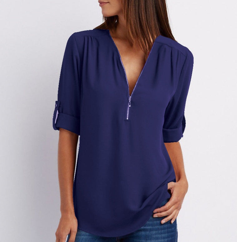 Patricia – Elegantes Damen V-Ausschnitt Shirt mit Reißverschluss