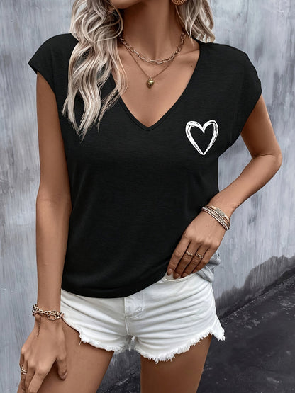 Damen T-Shirt mit Herz-Print und V-Ausschnitt – Lässiger Sommerstil für Freizeit und Alltag