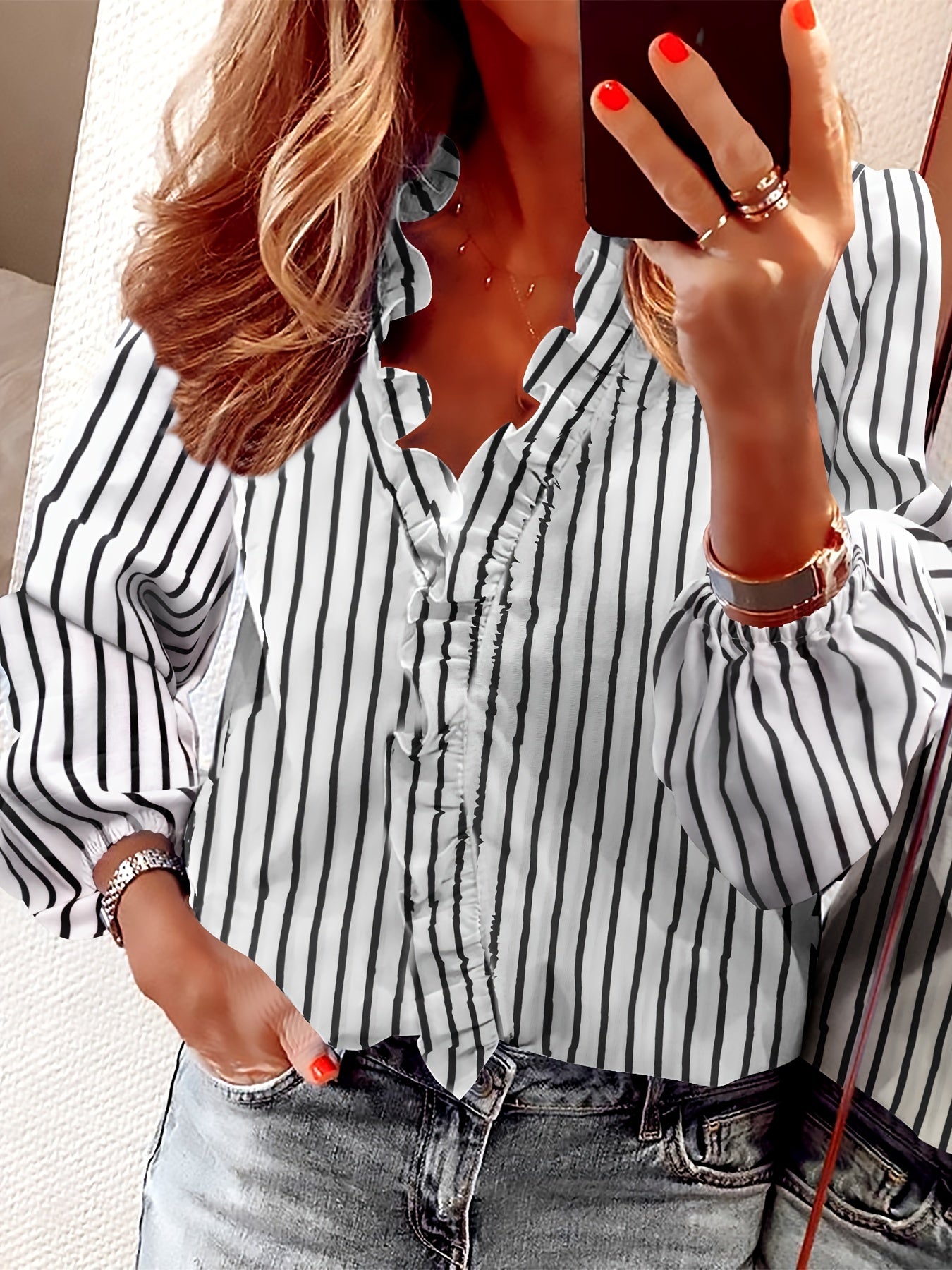 Damen Rüschenbluse Elegant Freizeit-Look V-Ausschnitt
