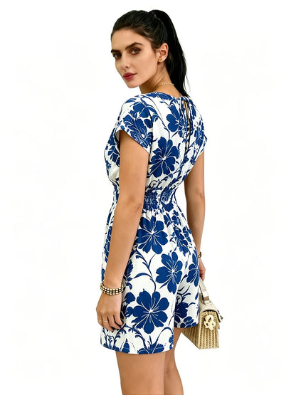 Damen Jumpsuit mit V-Ausschnitt und tropischem Print – Eleganter Freizeit Einteiler mit Taillenbetonung