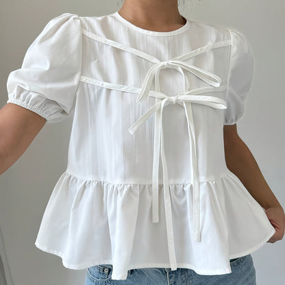 Damen Peplum-Bluse mit Puffärmeln und Schleifendetails – Romantischer Vintage-Stil für Alltag und Freizeit