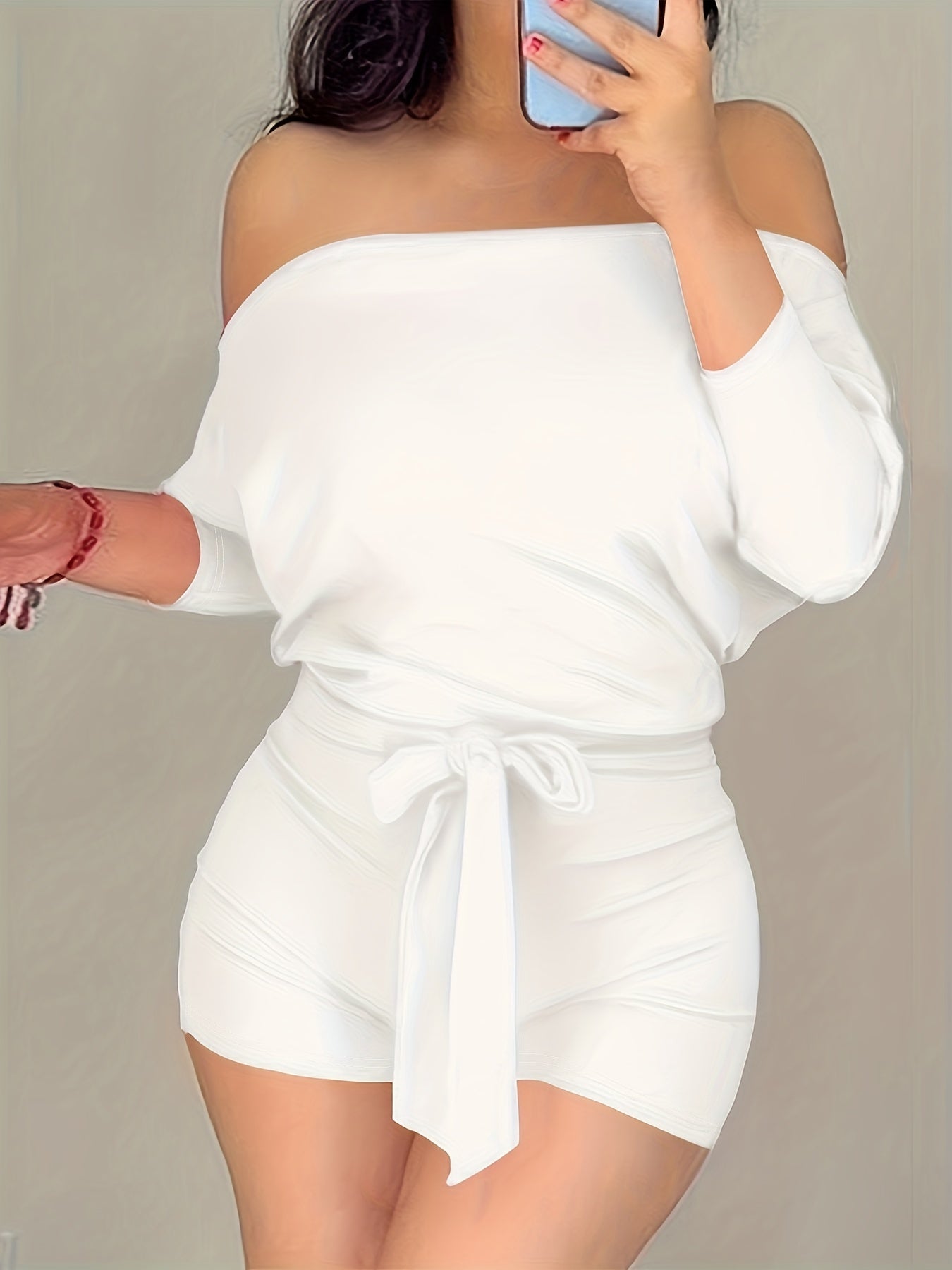 Damen Off-Shoulder Jumpsuit Freizeit Sommer Einteiler mit Gürtel