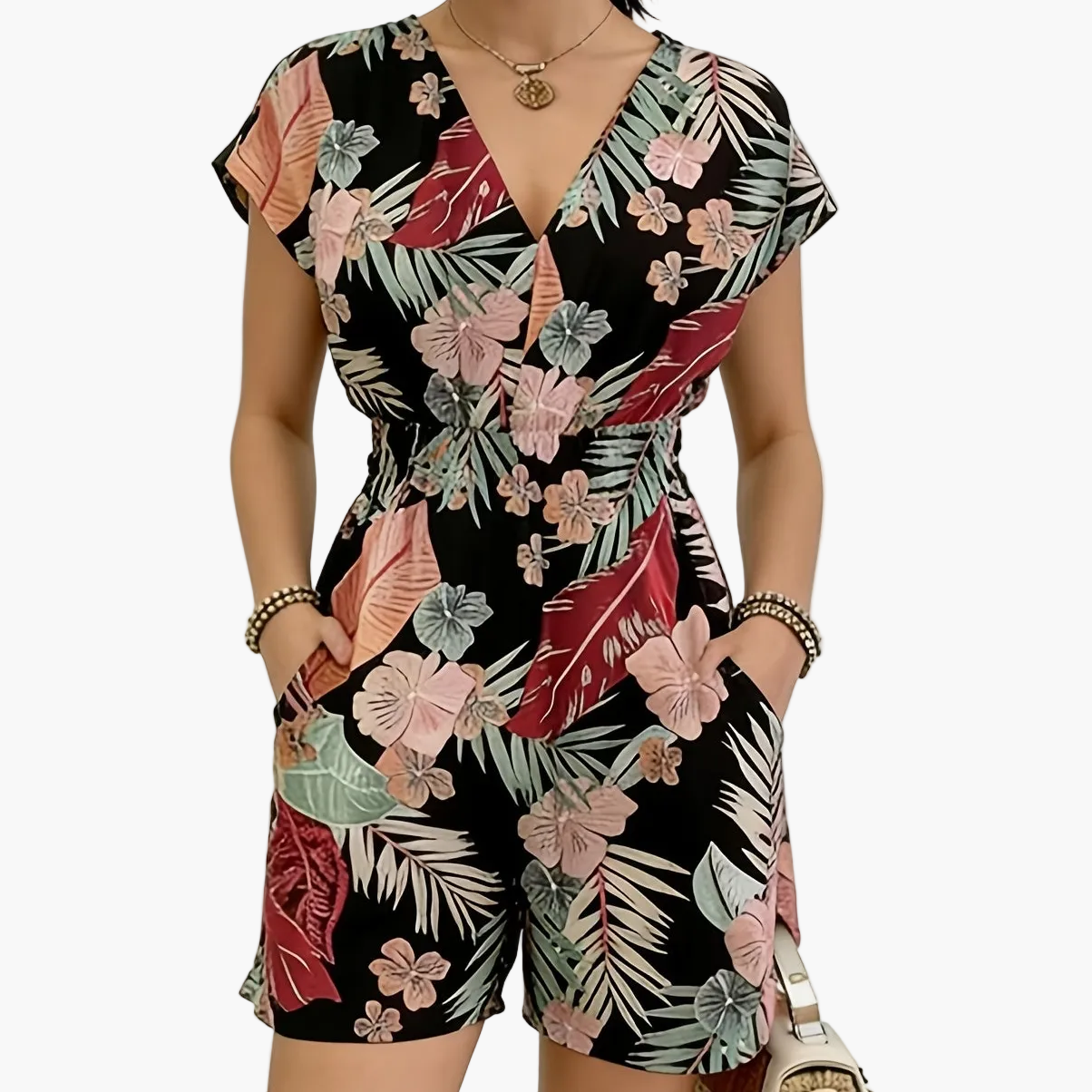 Damen Jumpsuit mit V-Ausschnitt und tropischem Print – Eleganter Freizeit Einteiler mit Taillenbetonung