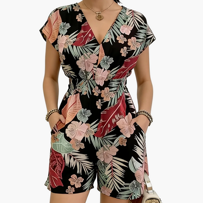 Damen Jumpsuit mit V-Ausschnitt und tropischem Print – Eleganter Freizeit Einteiler mit Taillenbetonung