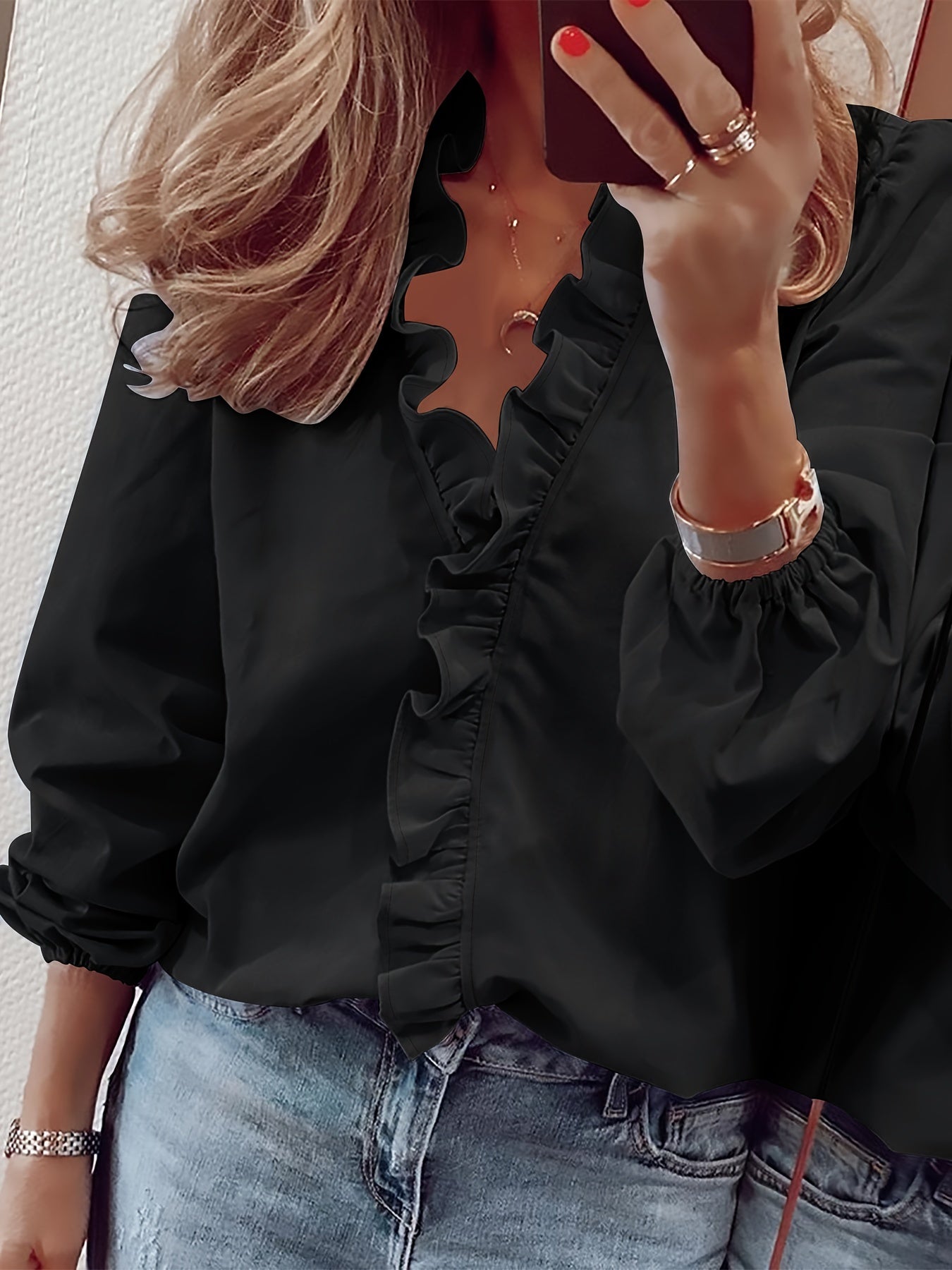 Damen Rüschenbluse Elegant Freizeit-Look V-Ausschnitt