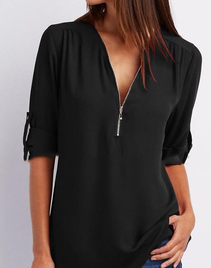 Patricia – Elegantes Damen V-Ausschnitt Shirt mit Reißverschluss