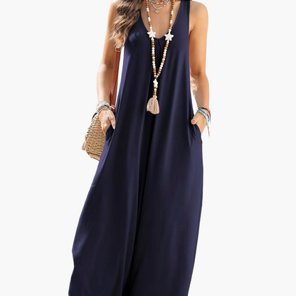Damen Jumpsuit Sommer Weit Bein Ärmellos V-Ausschnitt Freizeit Overall mit Taschen