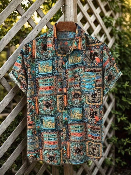 Herren Patchwork Resorthemd mit Vintage-Print und Kurzarm – Künstlerischer Freizeitstil für Urlaub und Sommer