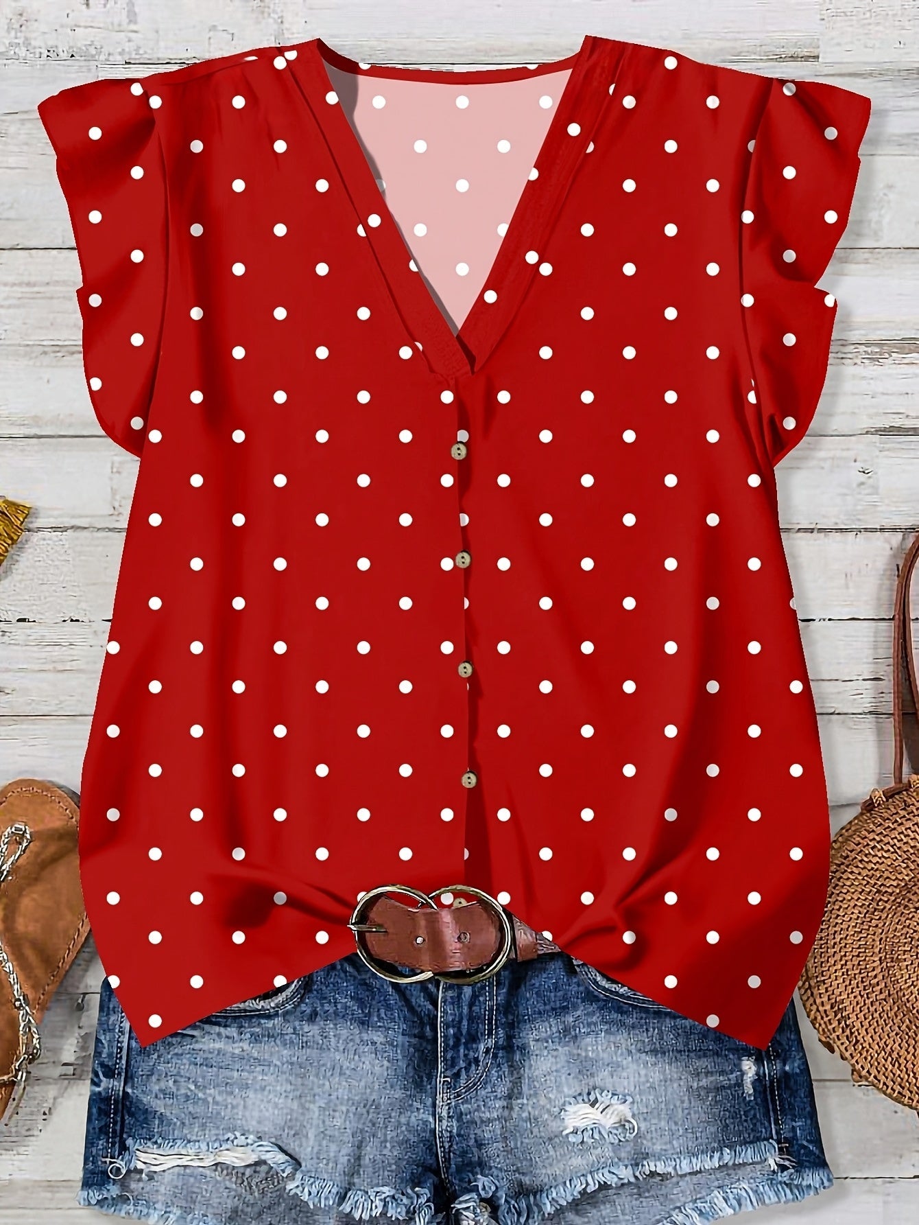 Damen Sommerbluse mit Herzmuster, Casual V-Ausschnitt, Knopfleiste, Ideal für Freizeit und Alltag