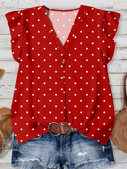 Damen Sommerbluse mit Herzmuster, Casual V-Ausschnitt, Knopfleiste, Ideal für Freizeit und Alltag