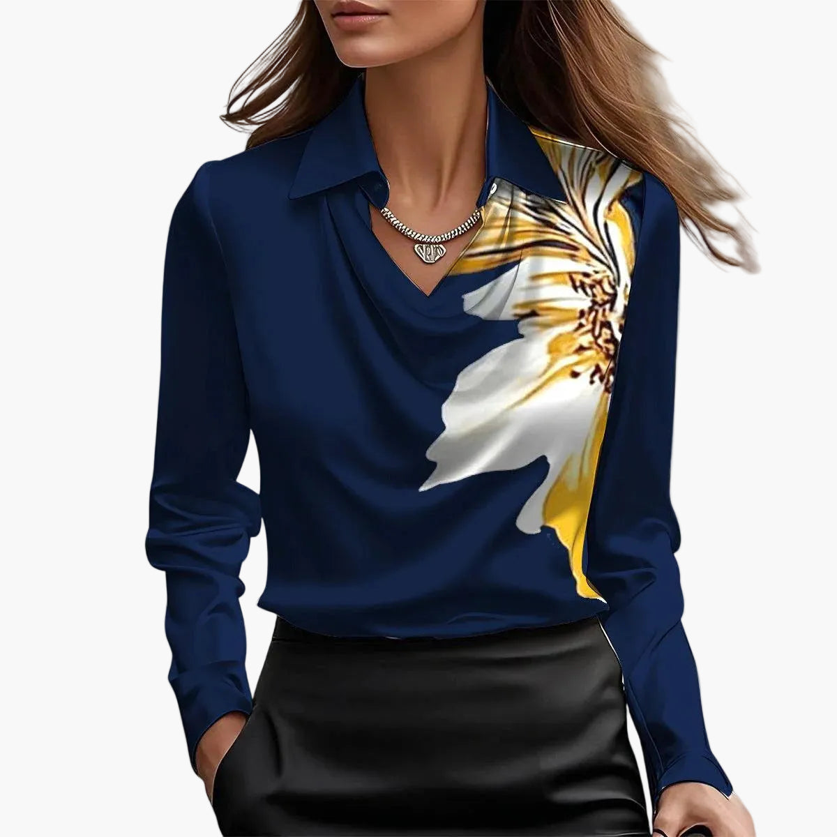 Damen Satinbluse mit Wasserfallausschnitt – Eleganter Business- & Freizeitstil