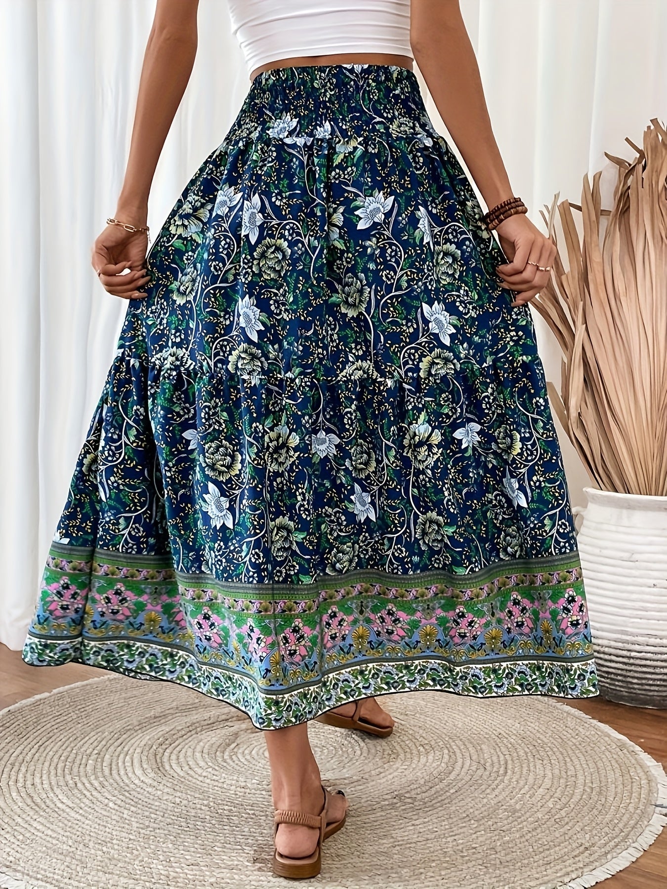 Damen Boho Maxirock mit Blumenmuster und Kordelzug – Sommer Freizeitrock für Strand und Alltag