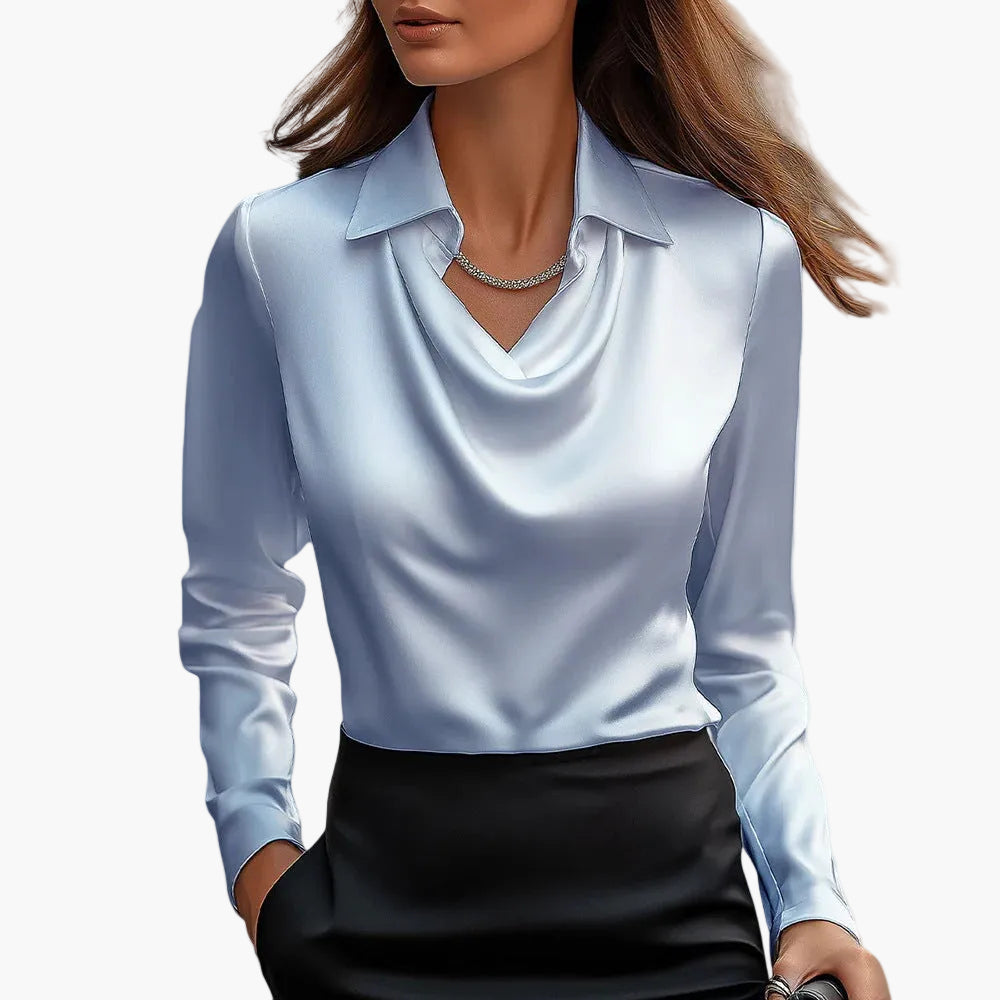 Damen Satinbluse mit Wasserfallausschnitt – Eleganter Business- & Freizeitstil