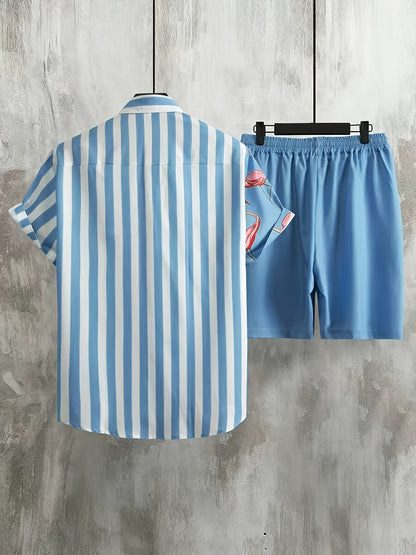 Herren Sommer Freizeit Set mit Flamingo Motiv und Streifen – Stilvolles Kurzarmhemd & Shorts für Urlaub und Alltag