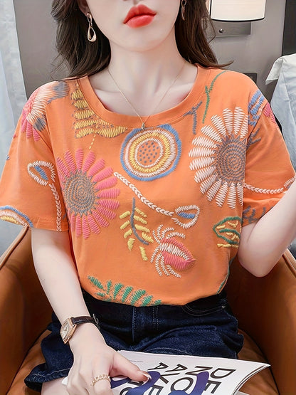 Damen T-Shirt mit bunter Stickerei und floralen Mustern – Sommerliches Freizeitshirt im Boho-Stil