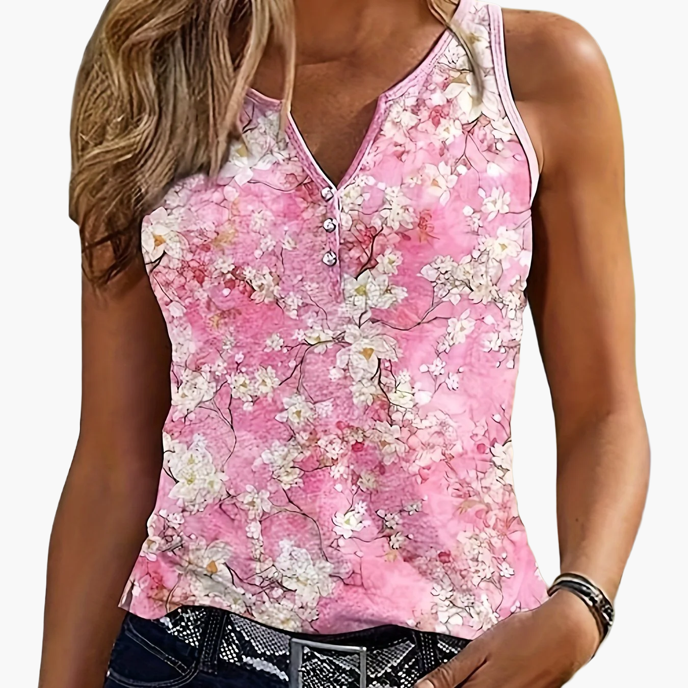 Damen Sommer Tanktop mit Ethno-Muster und Knopfleiste – Freizeit & Street Style