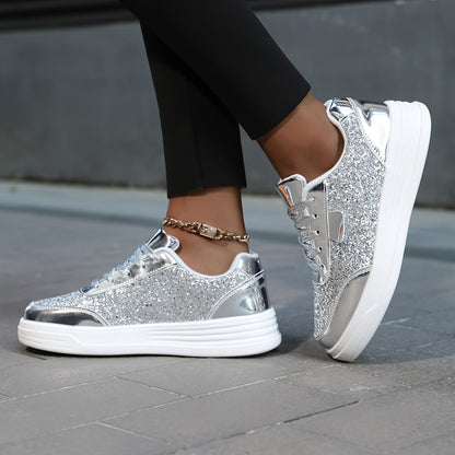 Damen Glitzer Sneaker – Modische Freizeitschuhe mit Plateau und Glamour-Look