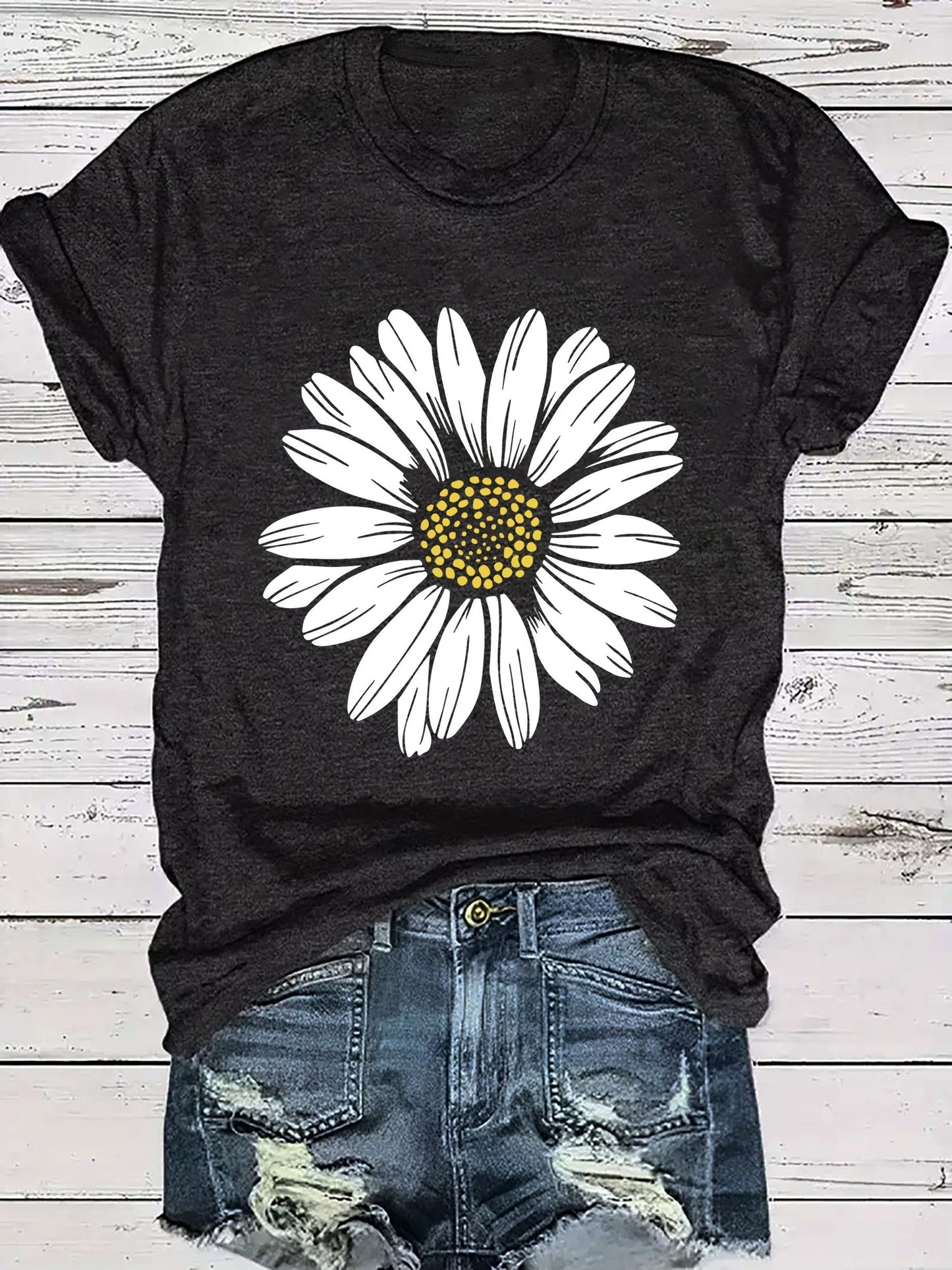 Damen T-Shirt mit großem Gänseblümchen Print – Lässiger Blumendruck, ideal für Alltag & Freizeit