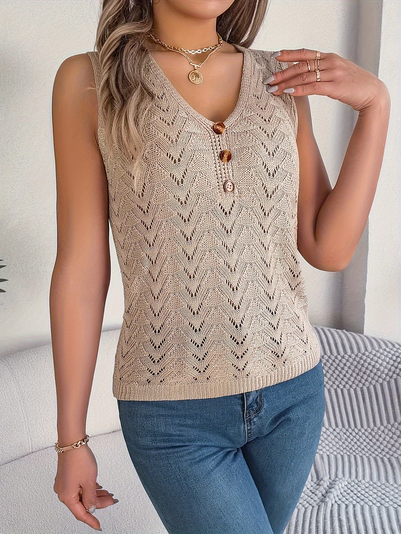 Damen Stricktop im Häkelstil mit Knöpfen – Elegantes Sommer-Top für Freizeit & Urlaub