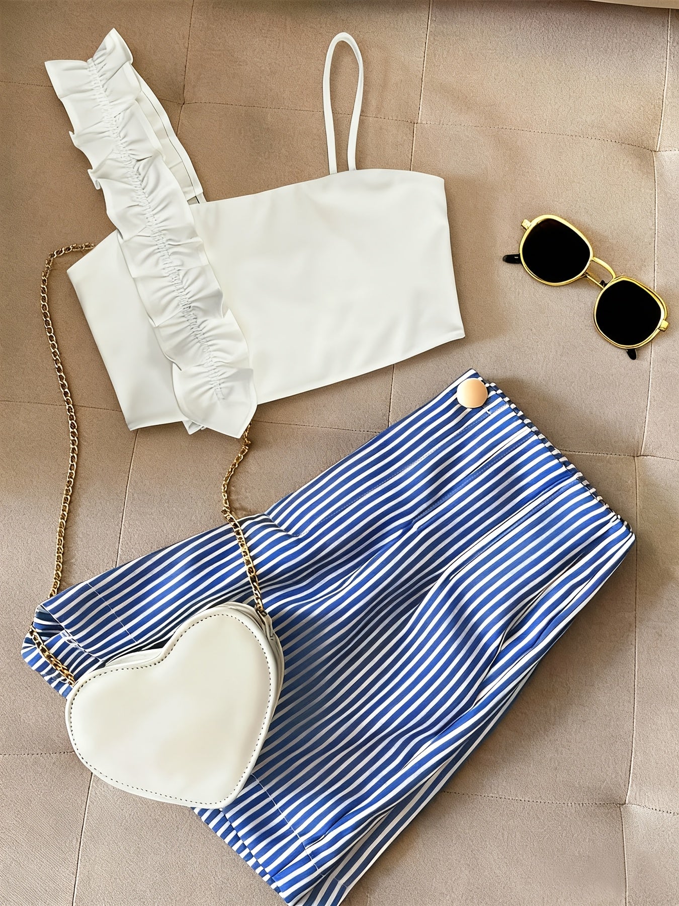 Damen Zweiteiler Set – Modisches Top mit Rüschen und Gestreifte Shorts, Stilvolles Outfit für Freizeit und Alltag