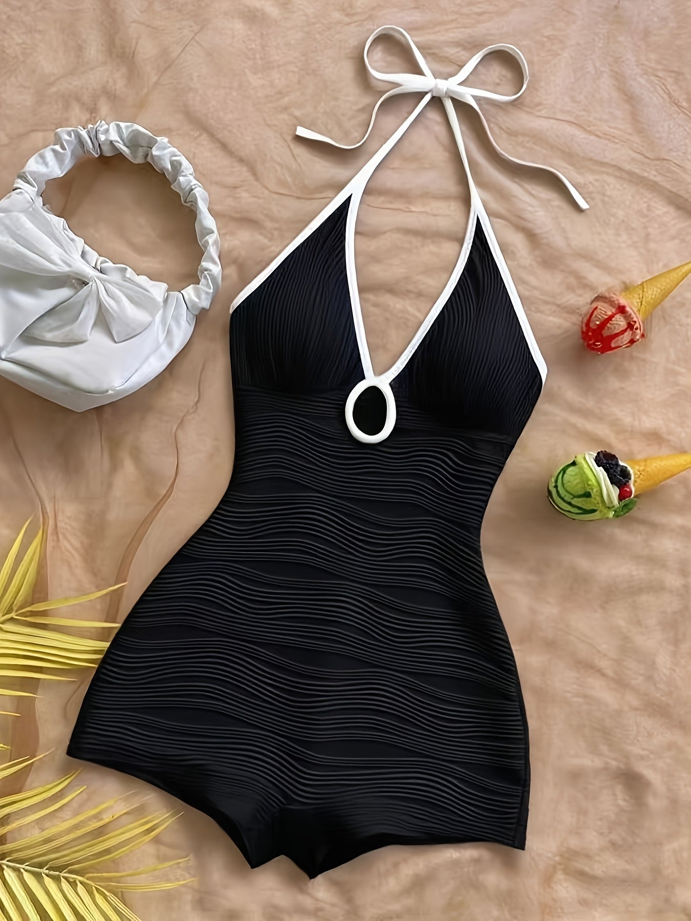 Damen Badeanzug im Vintage-Stil mit Wellendesign und Boyshort-Schnitt – Eleganter Einteiler für Strand und Pool