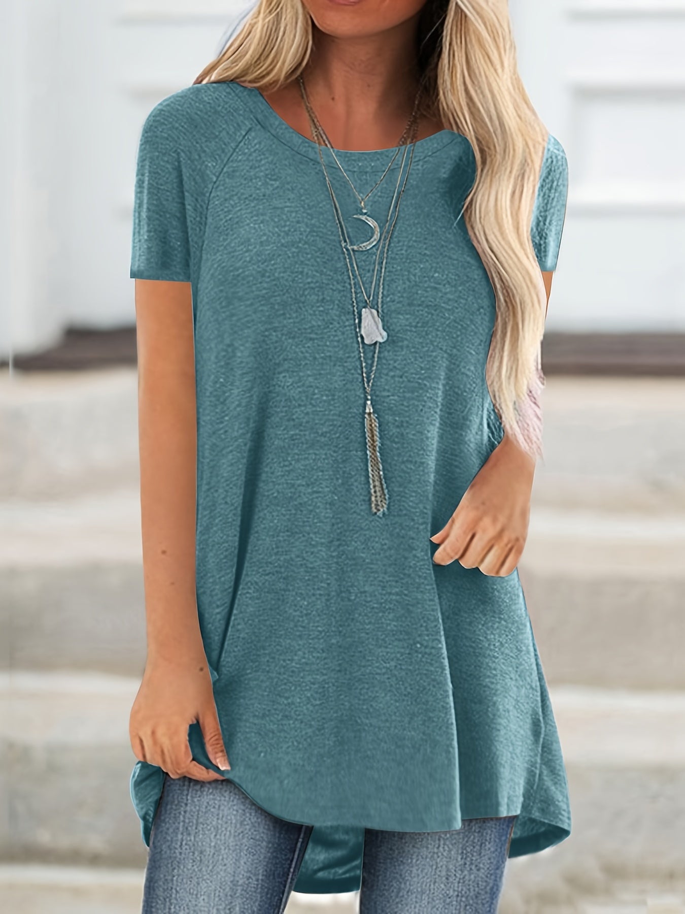 Damen Tunika T-Shirt Kurzarm Lockerer Schnitt Freizeitmode