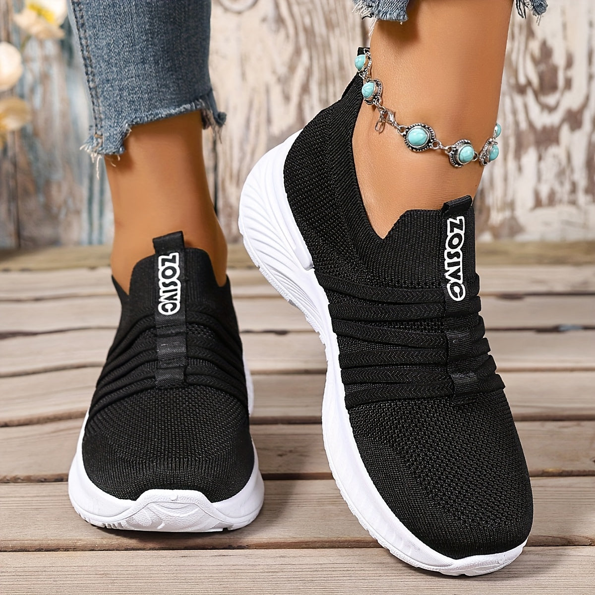 Damen Slip-On Sneakers Freizeit Bequeme Low-Top Schuhe mit Streifen-Design