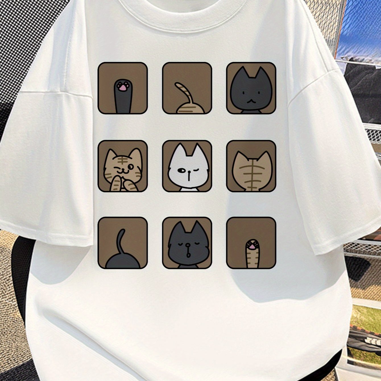 Damen & Herren T-Shirt mit lustigem Katzen-Motiv – Lockeres Freizeitshirt mit Cartoon Design